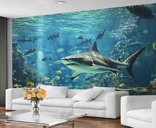GIVLWF Shark Wallpaper & Wall Decor, Ocean Animals Bedroom Wallpaper, Blue Wall Paper for Living Room, Large Mural - Non Self Adhesive