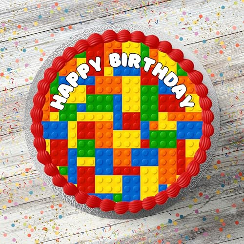 Coloured Bricks Happy Birthday 7.5 Inch Round Edible Icing Cake Topper Decoration