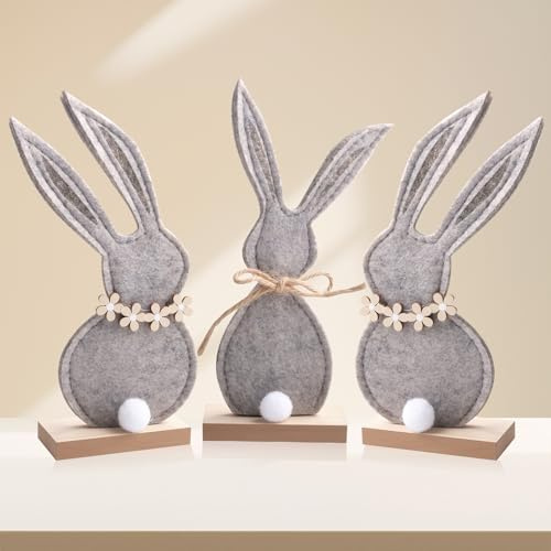 Kuvarix Easter Bunny Decoration Felt, 3 Stück Osterhasen Deko Aufsteller, Osterhase Figuren aus Holz und Filz, Osterdeko zum Hinstellen, Osterdekoration für Innen, Tisch, Wohnzimmer & Osterparty