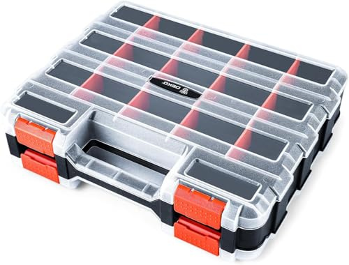 DEKO Screw Storage Organiser Tool Box Professional 34-Compartment Screw Box Organiser with Removable Dividers, Transparent Dual-Sided Screw Storage Case with Secure Latches for Hardware & Small Parts