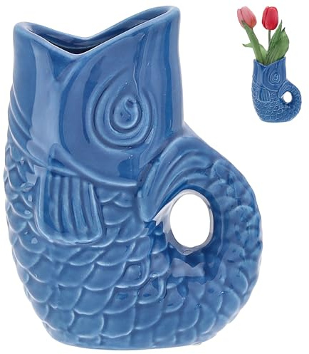 Vase Fisch 'Blubb' | 12x13x7cm Dolomit blau | Blumen Dekovase Fischform Fischmaul Griff | Gefäß für Blumen und Sträucher mit Gluckgeräuschen (1 x Vase blau 13cm)