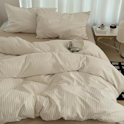 AShanlan Bettwäsche 135x200 Beige Gestreift Bettbezug Kissenbezug 80x80 cm | ÖkoTex Bettwäsche-Sets, 110gsm Microfaser, Beige Weiß Streifen Bettwäsche mit Reißverschluss, 2teilig