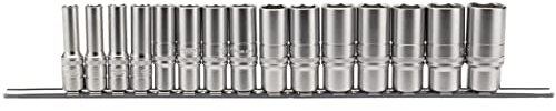 Draper 16494 3/8-Inch Square Drive Metric Deep Socket 15 Piece Set On Metal Rail , Blue