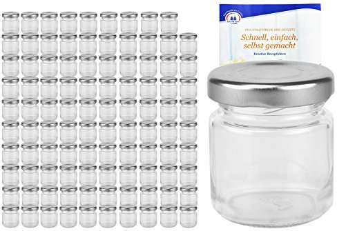 Lot de 100 pots ronds 53 ml avec livre de recettes Diamant en forme de gelée Argent TO 43 avec livre de recettes, bocaux, bocaux à conserves, mini pots à fruits,