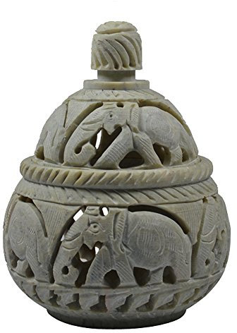 Royal Kurta Royal Handicrafts Handcrafted Soapstone Tea Light Holder and Potpourri Box With Elephant Carving