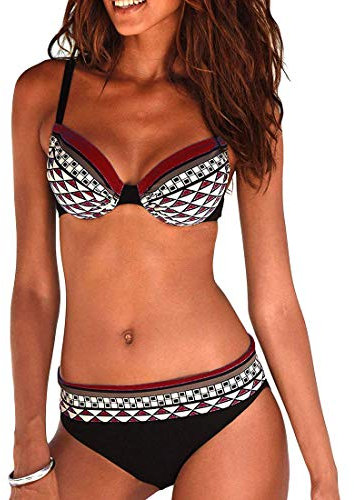 Vintage Femme Maillot de Bain Deux Pièces Elégant Amincissante Push Up Bikini Tribal Print Ensemble de Bikini (Vin Rouge, M)
