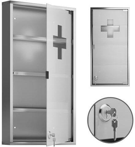 Jago® Armadietto per Medicinali - 4 Ripiani, Porta di Vetro, con 2 Chiavi, 30x12x60cm, Acciaio, da Bagno - Pensile Farmaci, Cassetta Porta Medicine, Armadio Pronto Soccorso