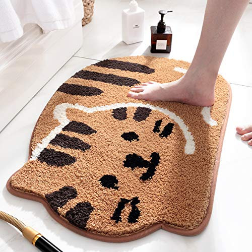 Ankah Tapis de Douche, Baignoire, Tapis de Salle de Bain, antidérapant, Absorbant, Doux pour Salle de Bain, Design Adorable Tapis de Bain à Motif Image de Chat, Tapis de Porte Sec, 45,7 x 66 cm, Kaki