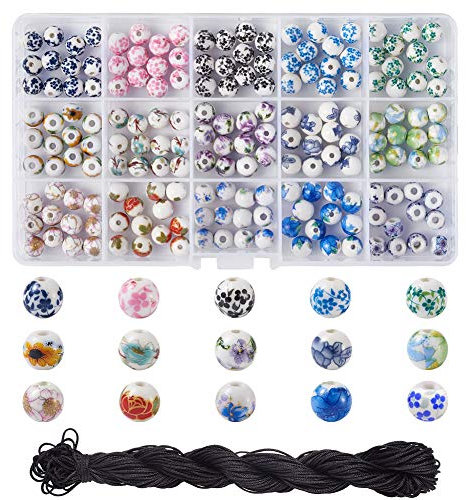 Craftdady 180 piezas hechas a mano de porcelana impresa cuentas Kit de joyería con 8 mm redondo flor cerámica perlas negro hilo hilo de nylon para hacer joyas