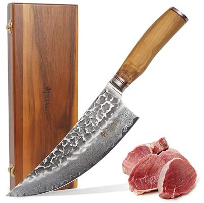 Wakoli Olive HS Damastmesser Fleischmesser und Wiegemesser I 20 cm Klinge gefertigt aus 67 Lagen echtem Damaststahl mit edlem Olivenholzgriff und Hammerschlag I Premium Küchenmesser in edler Holzbox