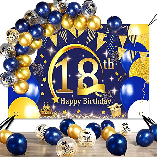 SWPEED 18. Geburtstag Junge Deko Banner, Blau Gold Deko 18. Geburtstag Junge Banner Poster und Navy Blau Gold luftballons Konfetti Luftballons, 18 Geburtstag Banner Hintergrund (74,8×47,2 Zoll)