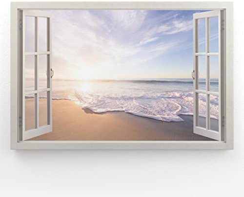 Estika - Leinwand Bilder Fensterblick - Strand, Meer - 120x80 cm - 1 teilige Wandbilder, Bild auf Leinwand, Modern Deko für wohnzimmer schlafzimmer - Natur Landschafts bilder - 5998A_1B