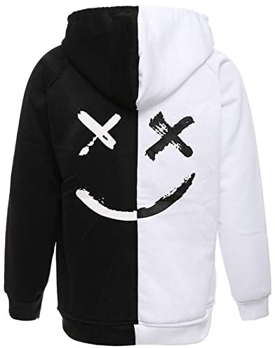 Covisoty Felpa Uomo con Cappuccio Techwear Colori a Contrasto Stampa Hip Hop Sweatshirt Pullover Tops Nero Bianco S