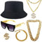 Gionforsy Hip Hop Kostüm Zubehör Set Kit 6 Stück mit Bucket Hut Sonnenbrille Goldkette Armband Ring, 80er 90er Jahre Rapper Accessoires Set für Mottoparty Halloween Karneval Fasching (Schwarz)
