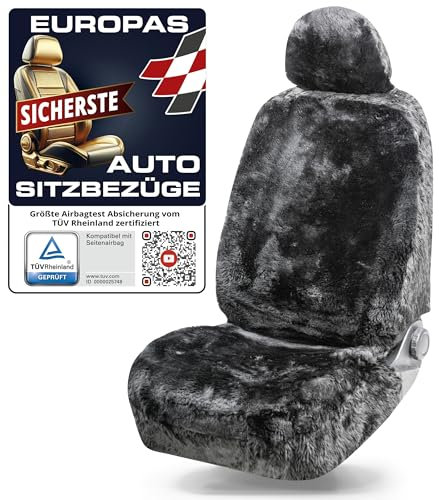 WALSER Premium Lammfell Autositzbezug Maya, 100% Lammfell Sitzbezug für Auto, 1 Stück Lammfell Sitzbezüge Auto Vordersitze, Autositzbezug Lammfell, Autositzbezug Fell, Lammfell Autositz schwarz