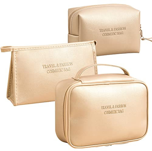 Veki Kulturbeutel 3 Stück Satz Kulturtasche, Pu Leder Große Kosmetiktasche Tasche Veranstalter für Frauen und Mädchen Tragbare wasserdichte Reise Kosmetiktaschen Beutel (Goldfarbenes Leder)