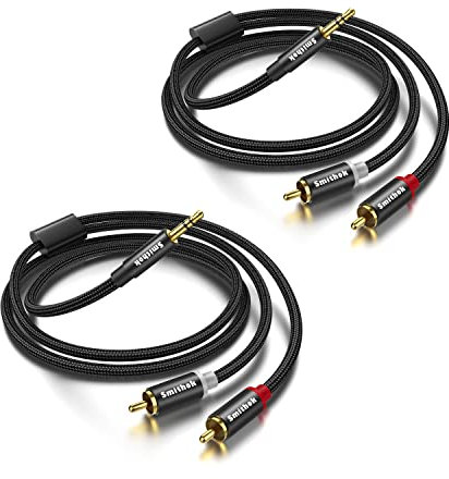 Smithok Confezione da 2 cavi da 3,5 mm a RCA, placcati in oro, nylon intrecciato da 1/8 maschio a maschio, cavo ausiliario stereo [sinistra/destra], adattatore splitter Y per tablet, altoparlanti,
