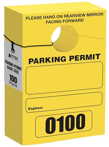 Better Office Products Parking Permit Hang Tags, 100 Pack, Temporary Parking Passes, Bulk Pack, Custom Passes Numbered 1-100, 3.15 x 4.75 Placards for Rearview Mirror by (Yellow)