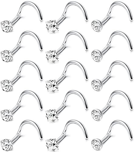 Milacolato Piercing Nez 15Pcs 18G 20G Chirurgical en Acier Inoxydable Anneau de Nez vis Goujons Anneaux Cubiques Zircone Anneau Nez Labret Nez Piercing Bijoux pour Femme Homme