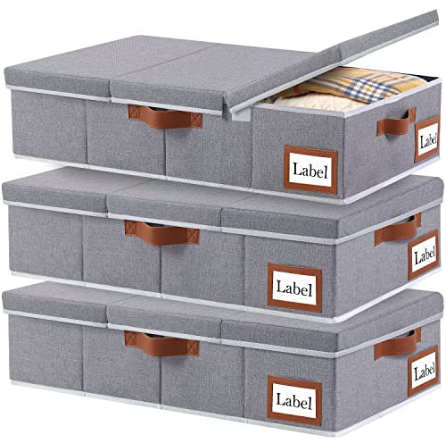 Yawinhe 3 Stück Unterbettkommode, Kleideraufbewahrung mit Deckel, Faltbare Aufbewahrungstasche mit Haltegriffen, für Bettdecken, Decken, Kleidung, 80x40x15cm, Grau