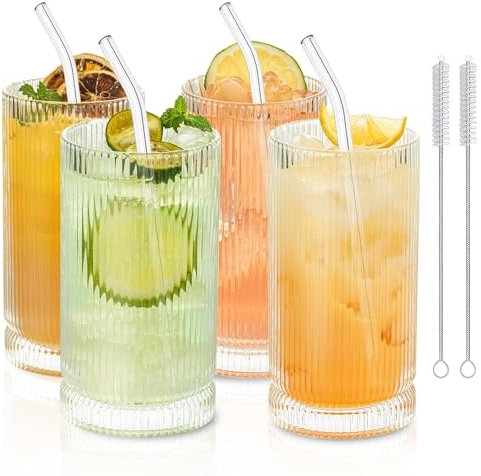 KEMORELA Vintage Ribbed Glassware Set, 16oz XL Drinking Glasses With Straws, Ribbed Glassware Set of 4, Glass Cups, Iced Coffee Cups Ideal for Whiskey, Cocktail, Iced Coffee, Juice, Beer, Soda