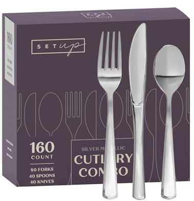 Setup [160 unidades] Cubiertos combinados de plata, 80 tenedores, 40 cucharas, 40 cuchillos, resistente, reutilizable y duradero, juego de cubiertos plateados ideal para fiestas, eventos y uso diario