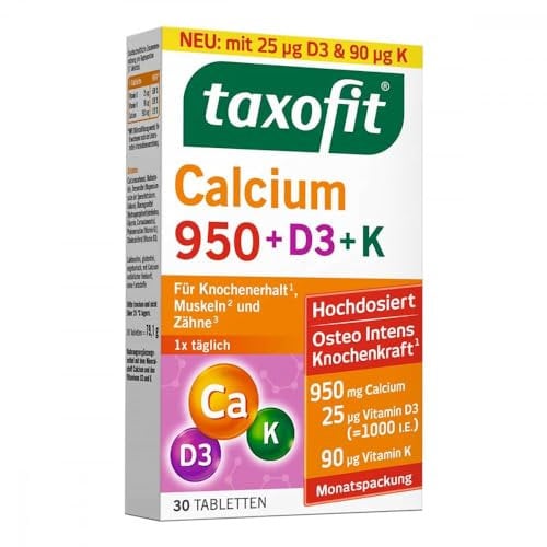 taxofit® Calcium 950 + D3 + K Tabletten für den Erhalt von Knochen, Muskeln und Zähnen | hochdosiert | laktosefrei | Nahrungsergänzungsmittel mit Calcium, Vitamin D und Vitamin K | 30 Tabletten