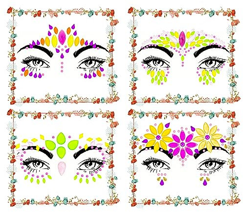 BLESWIN Glitzerstein Gesicht Augen Mehrfarbig, 4 Blätter Glitzer Steine Zum Aufkleben, DIY Strasssteine, Schmucksteine, Gesichts-Schmuck, Karneval, Geburtstag