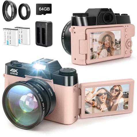 LAMA Cámara Digital, 4K 48MP Cámara Vlogging con Enfoque Automático, Cámara Compacta con Pantalla Giratoria de 18° de 3. Pulgadas, Cámara con Zoom Digital 16X para Youtube con Lente Gran Angular, Tar