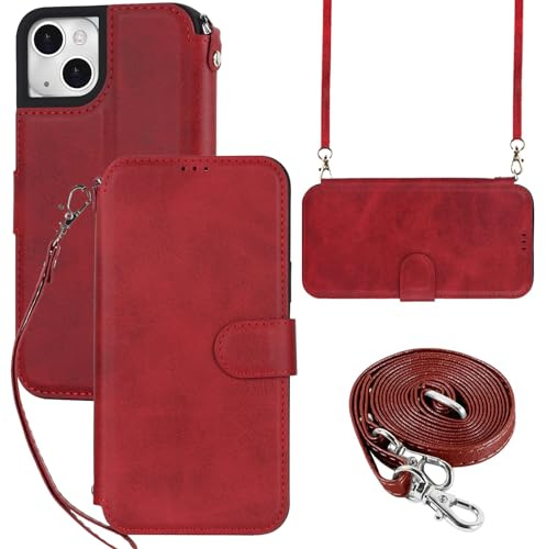 ELTEKER for iPhone 14 Phone Case with Shoulder Strap Crossbody Lanyard, PU Leather Flip Cover Wallet Case with Card Holder for iPhone 14 (6.1 Inch)- Red