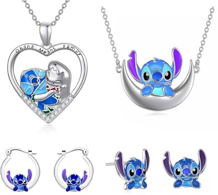 TOEECY 3PCS Schmuck Damen Cartoon Anhänger Kette Ohrringe Set Niedlich Silber Cute Earrings Halbmond Anime Halskette Schmuck für Tochter Nichte Enkelin