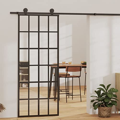 Homgoday Schiebetüren Scheunentür Landhausstil Schiebetür Aluminium und ESG Glas Schiebetür 76 x 205 cm schwarz