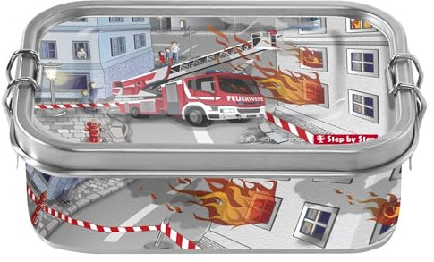 Step by Step Edelstahllunchbox Fire Engine Brandon, rot-grau, mit Trennwand und Klickverschluss, für Schule und Kindergarten, 0,8L