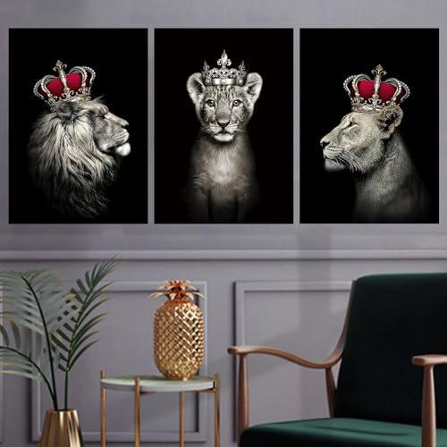 VTRXEG Löwen Familie Bilder Leinwand,löwe Und Löwin Mit Krone Leinwand Bilder,Modern Löwenfamilie Poster,für Wohnzimmer Schlafzimmer Wand Dekorative Bilder Ungerahmt (A, 3x40x60cm)