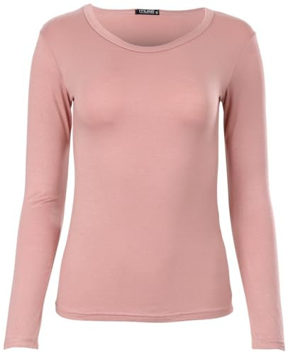 T-shirt basique à col rond et manches longues, coupe skinny, vieux rose, M