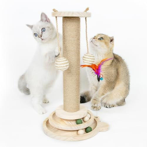 MORA PETS Cat Scratching Post for Indoor Cats with Solid Wooden Base Cat Scratche Post with Interactive Track Ball Toys Kitten Small Scratcher Post Funny Cat Scratch Pole 45cm