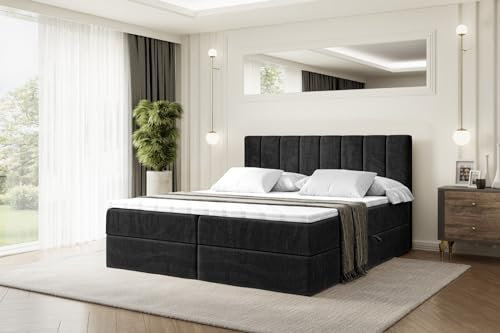 ALTDECOR Boxspringbett mit Matratze und Lattenrost, Boxbett, Topper, Polsterbett mit Bettkasten, Bett mit Stauraum H4-Matratze, Doppelbett, Springboxbett OTTA - 160x200 - Schwarz Samt