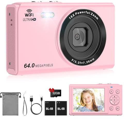 SOPPY Digital Camera with WIFI Transfer, 64MP UHD 4K Vlogging Camera with 32G SD Card, 2.8 LCD Screen Compact Camera with 16X Digital Zoom, Mini Camera for Boys Girls Kids Beginners,Pink