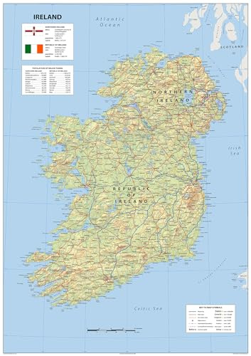 Detailed Physical Map of Ireland - Size A2-42 x 59.4 cm - Paper Laminated | Detailed Laminated Wall Map, Ideal For Home, Office Or Classroom Display.