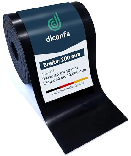 diconfa Gummistreifen 200mm 20cm BREIT - WÄHLBAR - Dicke: 1 bis 20mm - LÄNGE: 0,05 bis 10m - Auswahl: 7000mm (700cm) lang, 2mm stark - Gummimatte Meterware schmal Gummiunterlage Gummiplatte