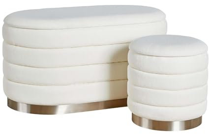 Home Source Set of 2 Boucle Fabric Storage Ottomans, Stainless Steel Base, White