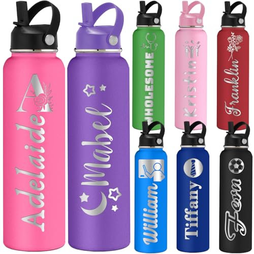 Bouteilles d'Eau Personnalisées avec Initiales et Nom 350/500/700/950ml 1L avec Poignée et Paille Bouteille Isotherme Acier Inoxydable Personnalisable pour Sports Écoles Voyages Bureau Cadeau Original