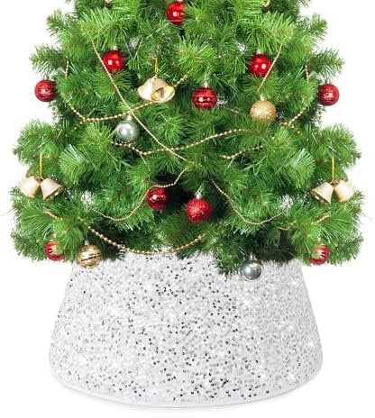 LACGO Christmas Tree Collar Skirt, Glitter Sequins Xmas Tree Base Collar for Christmas Decor Rustic Christmas Tree Stand Cover Ring for Winter Holiday Party Christmas Supply, 60cm/24inch(White)