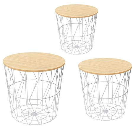 HOMION Round Side Table Wire Metal Storage Basket Bedroom Balcony Corner Bedside Table Sofa Garage Camper Van Hallway Tidy Nest Stool Living (White + Natural Lid, Set of All 3 (Small + Med + Lrg))
