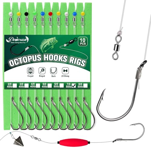 Dovesun 10 Stück Oktopus-Haken Rigs Angelhaken mit Vorfach Angelhaken Set Hakenlöser Angeln Wels-Rig für Salzwasser Süßwasser Forellenhaken 7/0