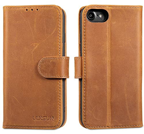 LENSUN Echtleder Hülle für iPhone SE 2020/SE 2022 5G, iPhone 7/iPhone 8 Handyhülle [Echtes Leder][Brieftasche][Kartenfach] Handytasche Lederhülle - Vintage Braun