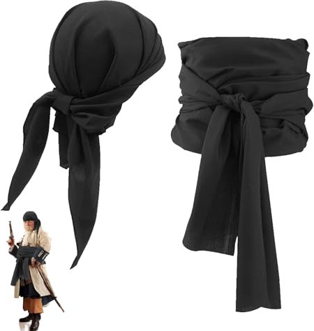 Piraten Kopftuch Damen,Rotes Tuch Pirat Schärpe Rot Schwarz Piratin Kostüm Accessoires Set Herren Bandana Zubehör,Pirate Jack Captain Stirnband Belt Carnival Costume für Frauen Kinder (Schwarz)