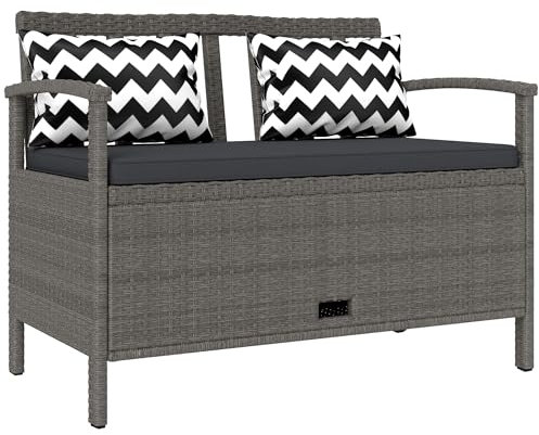 Outsunny 2 Seater Garden Storage Bench with 160L Capacity, PE Rattan Garden Bench with Storage, Wicker Outdoor Bench Loveseat with Cushion, Pillows and Steel Frame for Patio, Grey