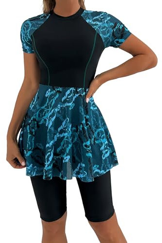 FYMNSI Swim Dress Modest Swimsuits for Women High Neck Bathing Suit Two Piece Tummy Control Swimdress with Boyshorts Printed Swimming Costume Short Sleeve Swimwear Beachwear Peacock Blue M