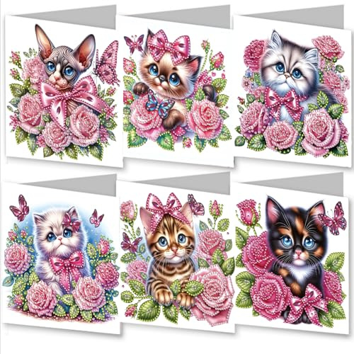 WOWDECOR Diamond Art Grußkarten Kit Kätzchen Rose Schmetterling, 6 Stück DIY Diamant Malerei Karten Sets, 5D Diamond Art Best Wishes Karten mit Umschlägen, Postkarten für Handgemacht